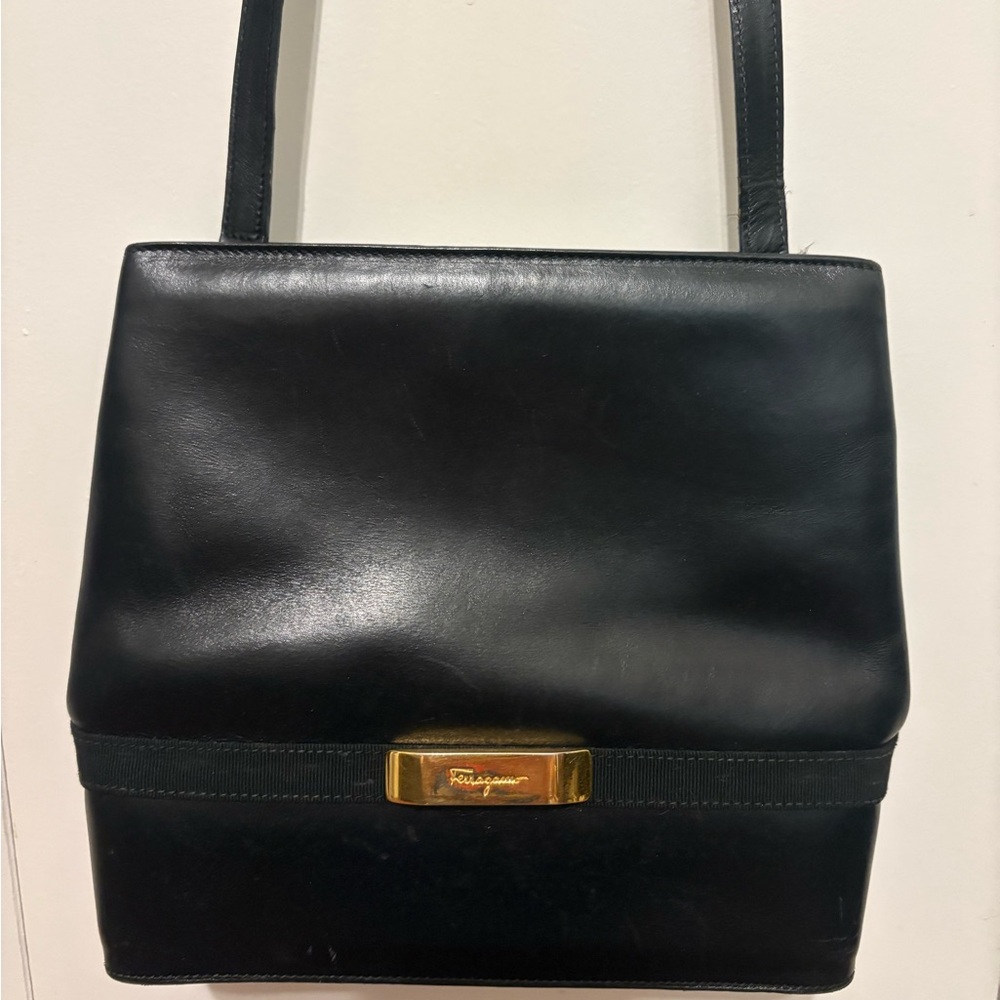 Salvatore Ferragamo 90's vintage Black Leather Crossbody Bag with Gold Accent